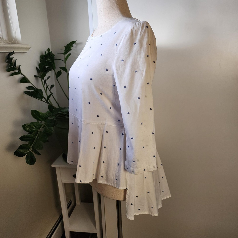 White & blue polka dots peplum blouse, flowy long button down back - Picture 3 of 10